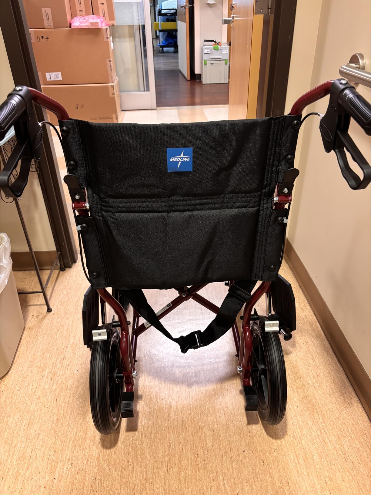 Medline Lightweight Foldable Transport Wheelchair with Handbrakes and 12-Inch Wheels, Blue Frame, Black Upholstery customer photo 2