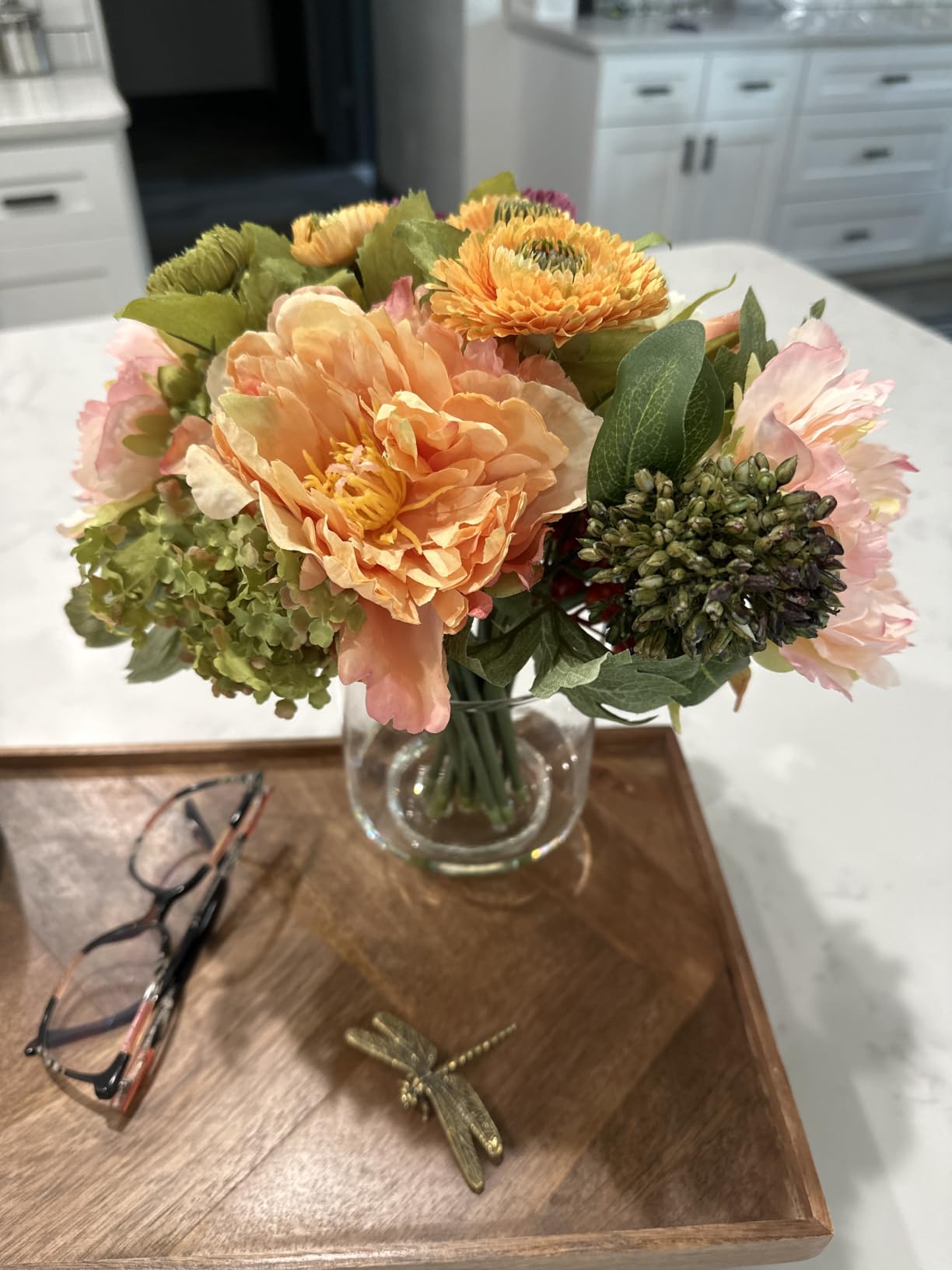 Nearly Natural 10 in Artificial Peony Arrangement in Glass Vase | Mixed Peony Faux Flower Blooms, Liquid Illusion Water in Glass Vase, Mini Table and Shelf Decor customer photo 1