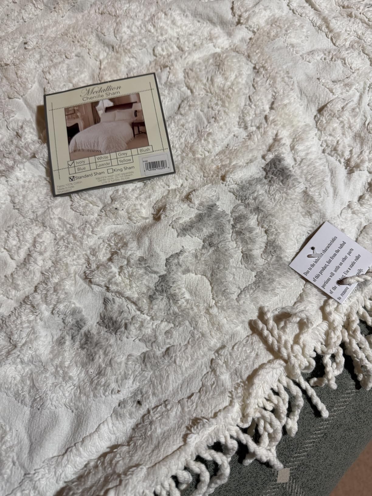 Beatrice Home Fashions Medallion Standard Cotton Chenille Sham, Ivory | Vintage tufted lightweight soft, cozy plush 100% cotton standard size pillow sham with fringed hem and medallion design customer photo 1