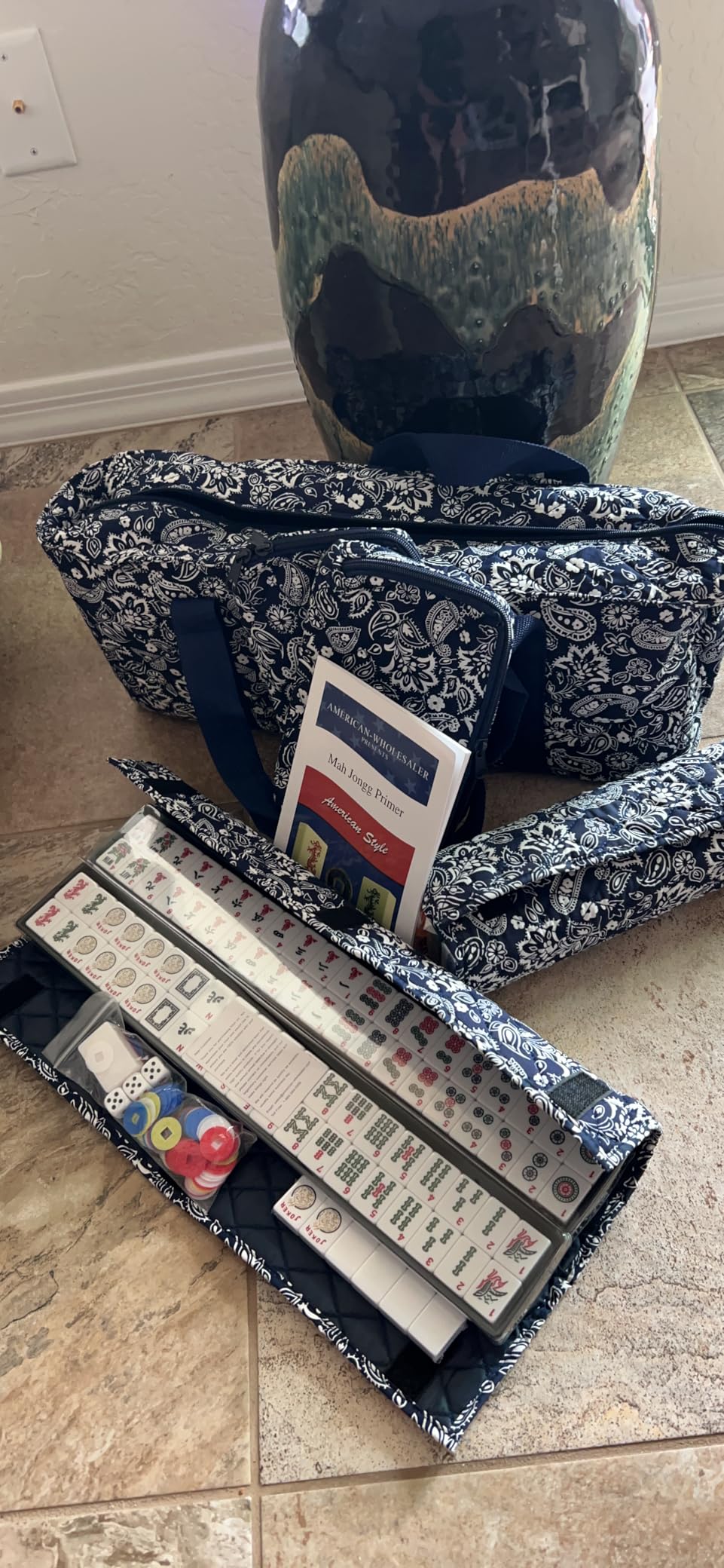 Linda Li American Mahjong Set 166 Premium White Tiles, 4 All-in-One Rack/Pushers, Blue Paisley Soft Bag - Classic Full Size Complete Mahjongg Set customer photo 2