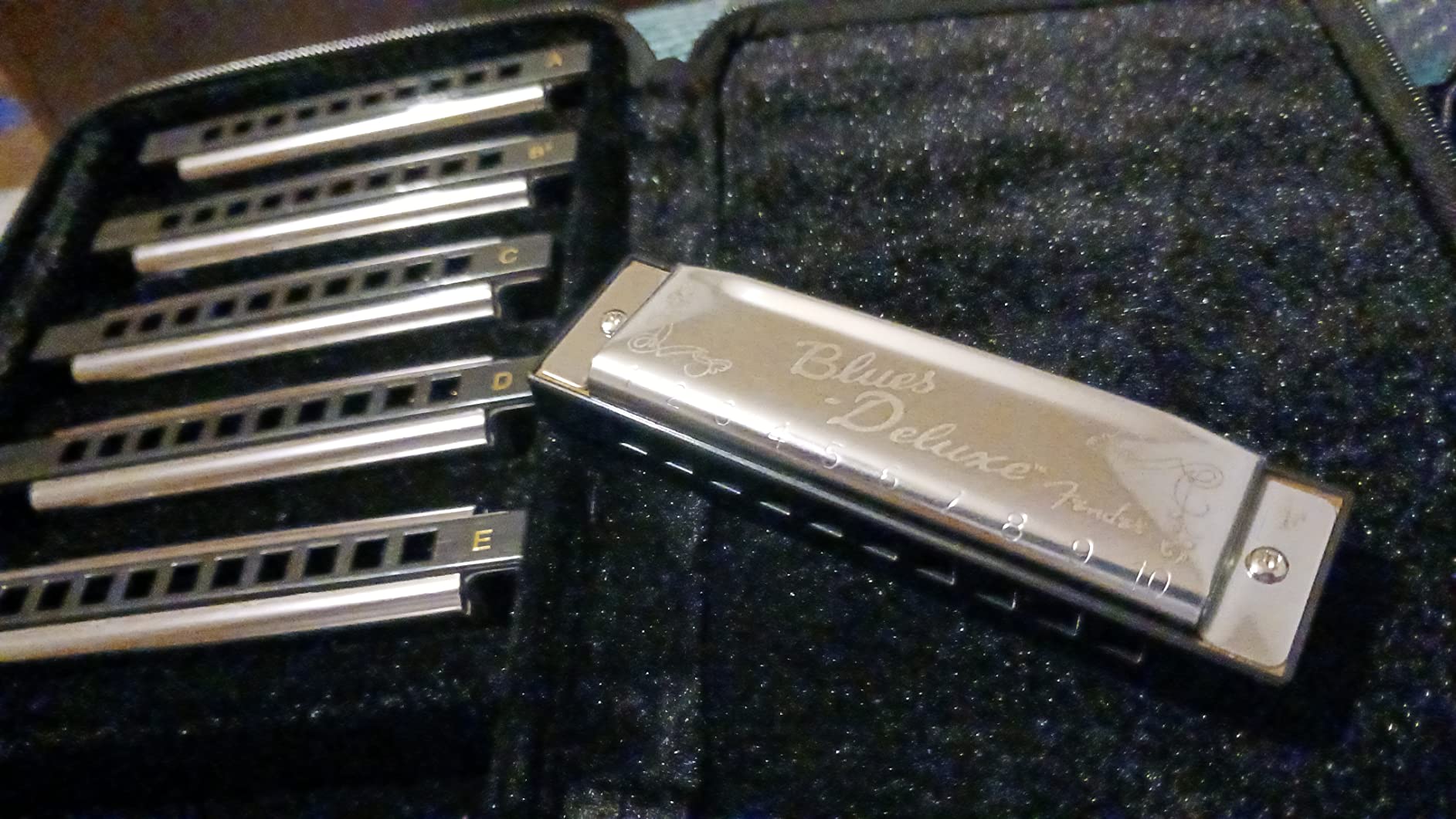 Fender Blues Deluxe Diatonic 10-Hole Harmonica Set with Case, Pack of 7 | 7-pack includes keys C, G, A, D, F, E, Bb, carrying case, beginner-friendly, blues, folk, country, gift set customer photo 1
