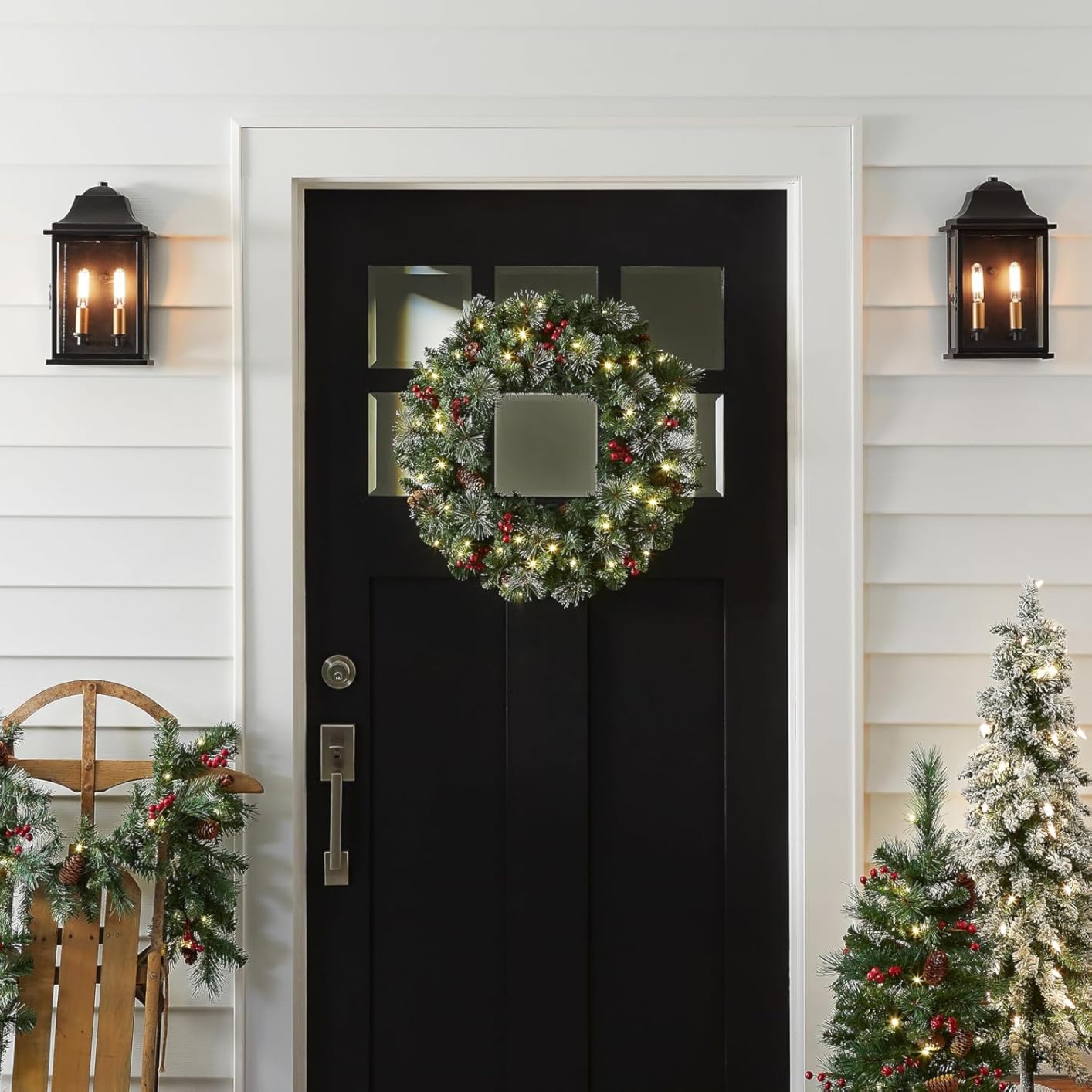 National Tree Company 24in Pre-Lit Crestwood Spruce Christmas Wreath | 50 Warm White LED Lights, 160 Tips, Artificial Christmas Decoration With Glitter, Pinecones, Red Berries, Timer, Green customer photo 1