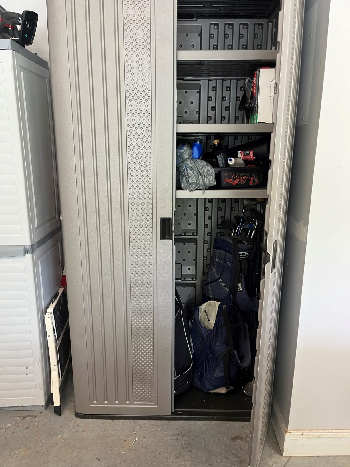 Suncast Mega Tall Storage Cabinet for Garage Organization - 31 Cu. Ft. Lockable Utility Closet with 3 Adjustable Shelves for Garden Supplies & Outdoor Tools, Multi-Wall Resin Construction, Platinum customer photo 2