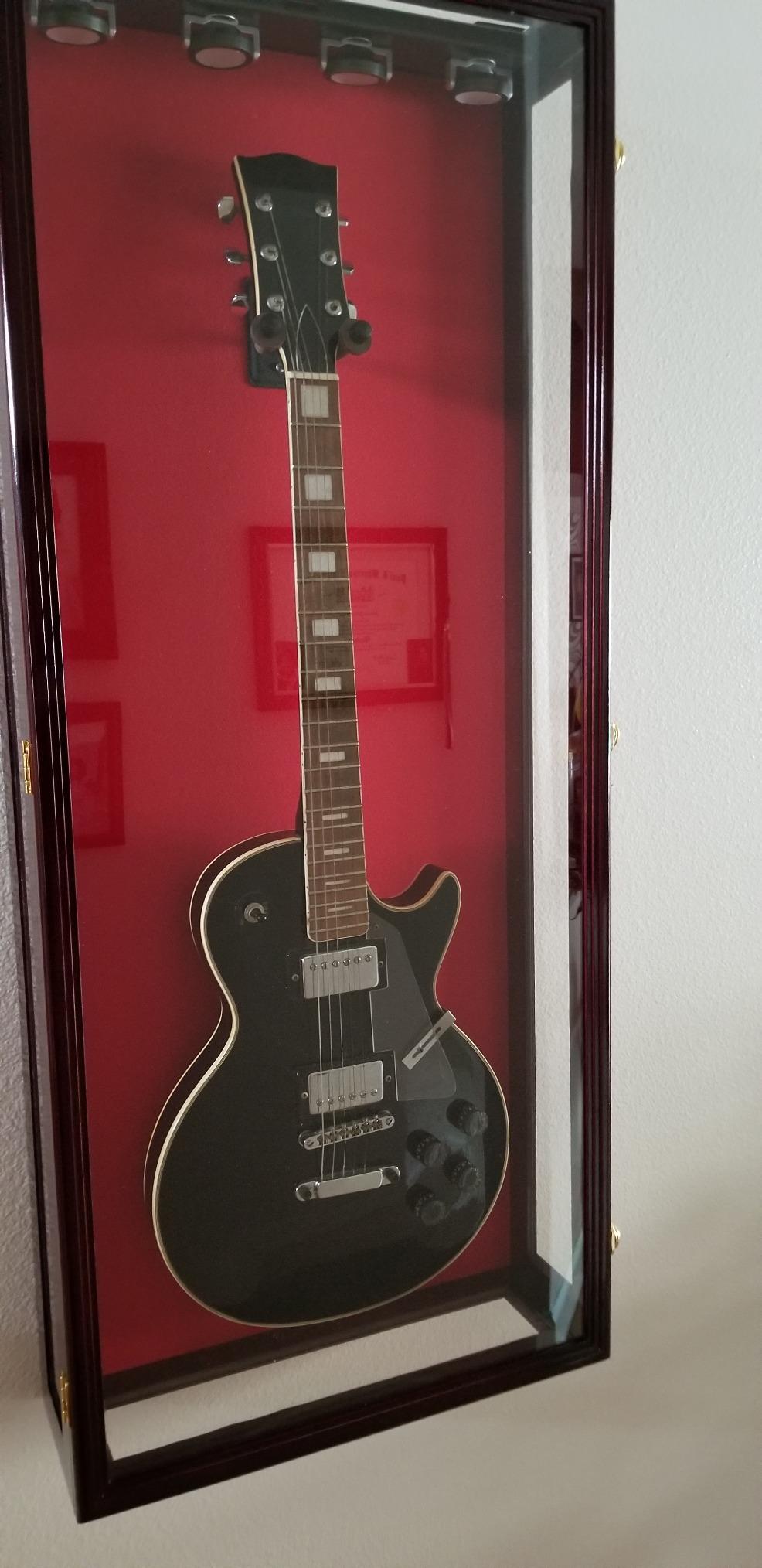 sfDisplay.com,LLC. Clear Viewing Guitar Display Case Fender Acoustic Electric Cabinet Rack Holder (Black Finish, Red Background) customer photo 1