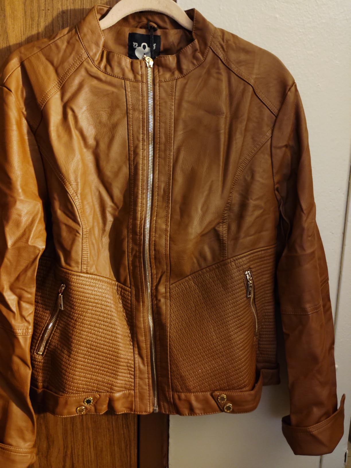 MBJ Womens Faux Leather Zip Up Moto Biker Jacket With Stitching DetaiL customer photo 2