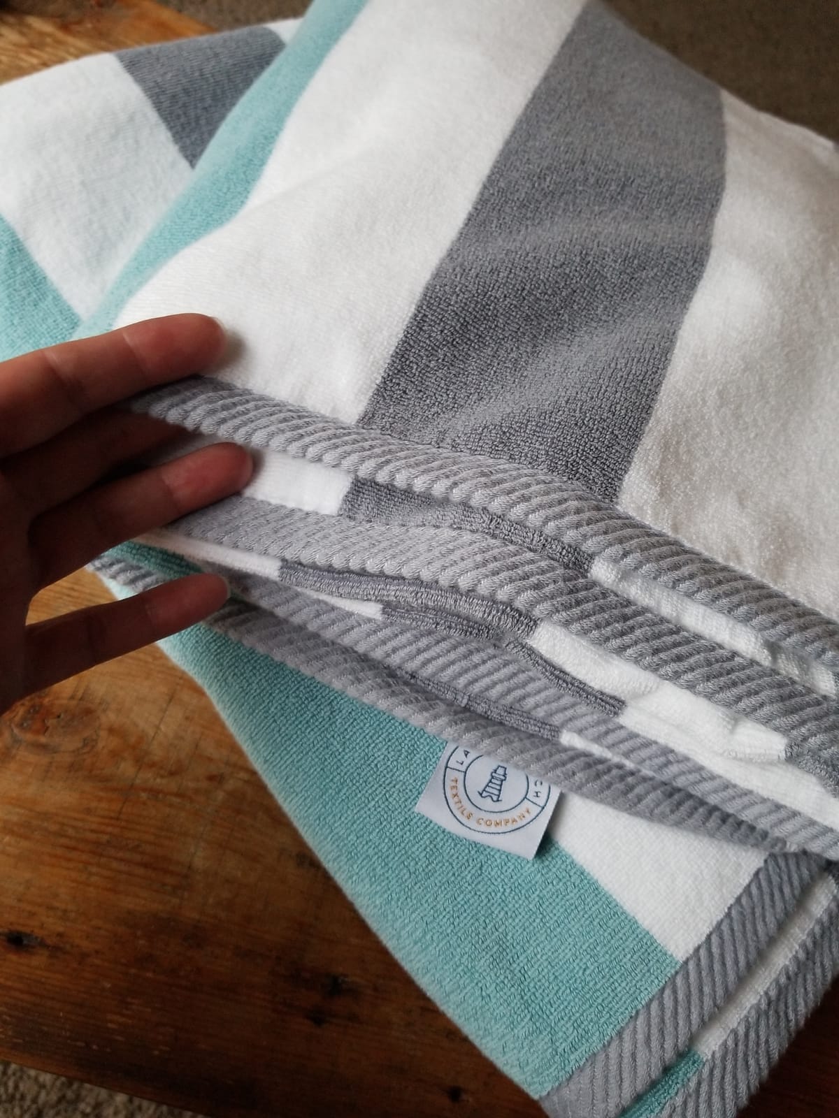 Laguna Beach Textile Co. Striped Cabana Beach Towel - Oversized, Plush 630 GSM Cotton - Ocean Blue and Almond Beige customer photo 2