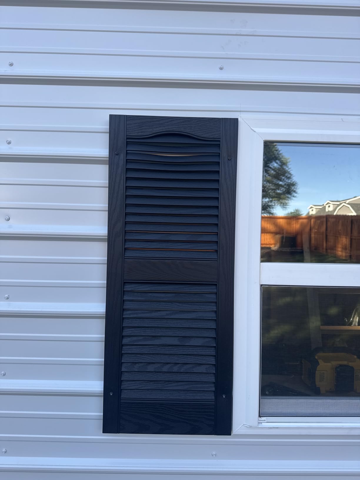 Ekena Millwork Lifetime Vinyl LL1S14X04300WH Standard Cathedral Top Center Mullion, Open Louver Vinyl Shutters, w/Installation Shutter-Lok's & Matching Screws (Per Pair), 14 1/2