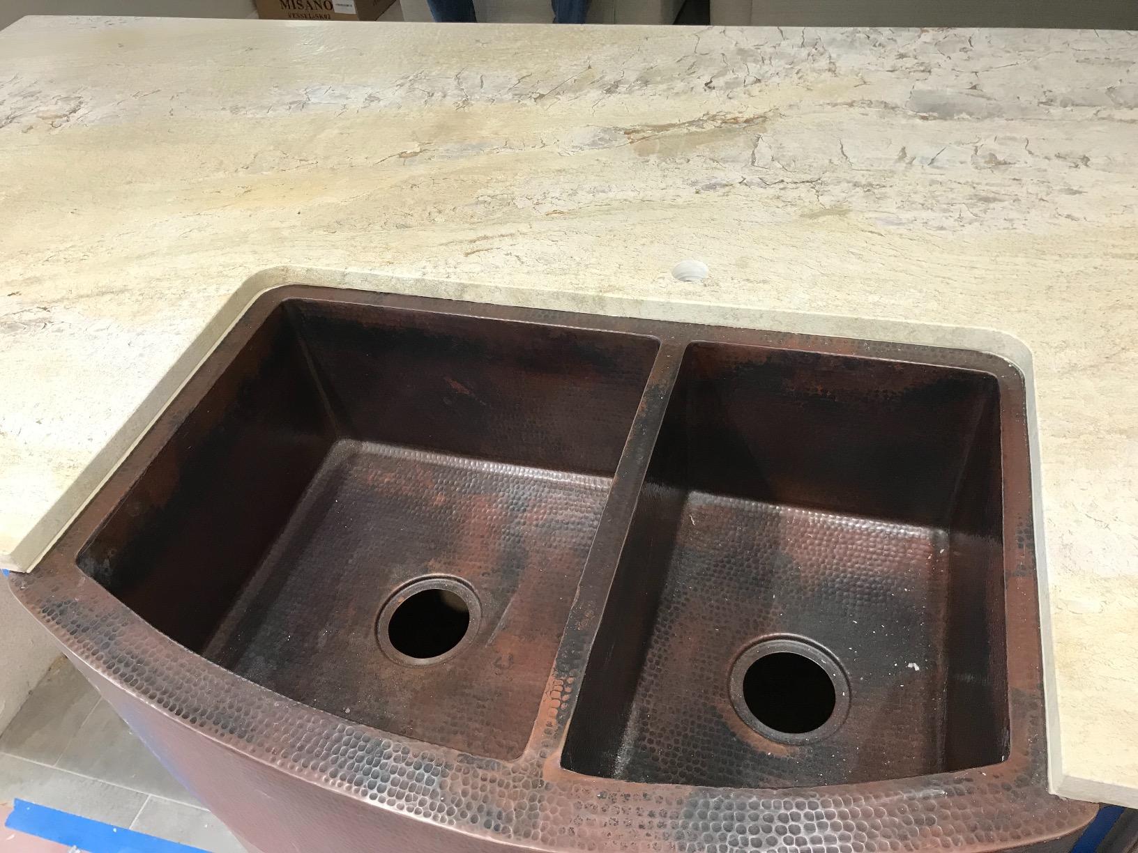 Rounded Apron Front Farmhouse Kitchen Double Bowl Mexican Copper Sink 60/40 33X22 Inches customer photo 2