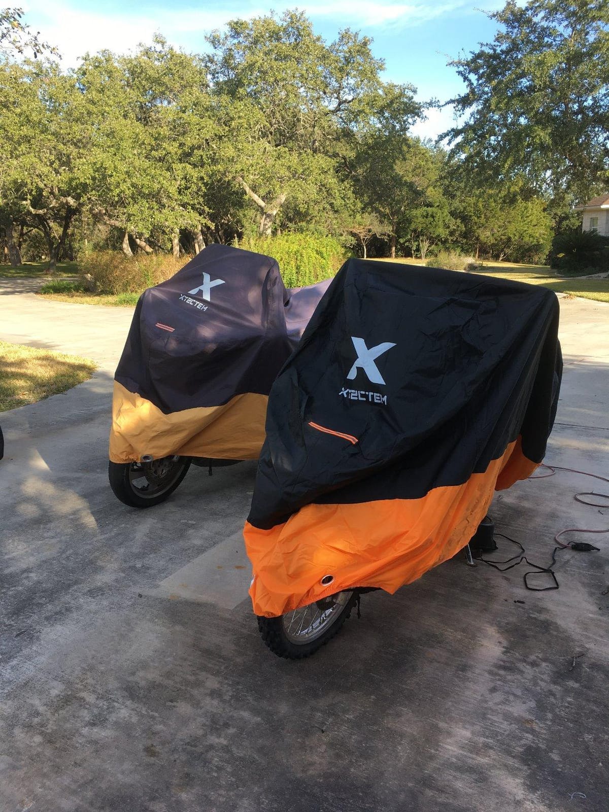 XYZCTEM Motorcycle Cover - All Season Waterproof Outdoor Protection | Fits up to 104 Inch Tour Bikes, Choppers and Cruisers - Protect Against Dust, Debris, Rain and Weather (Black& Orange) customer photo 1