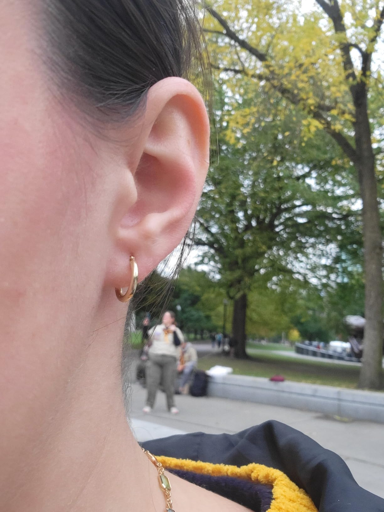 14k Yellow Gold Classic Shiny Polished Round Hoop Earrings, 2mm tube customer photo 2