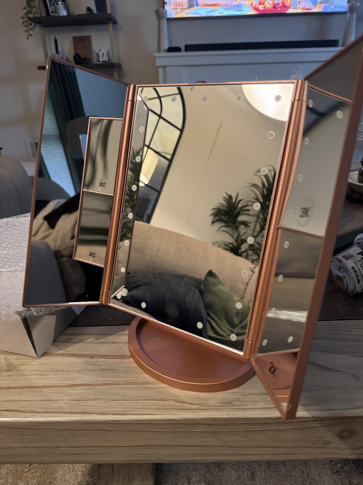 deweisn Dresser Mount Tri-Fold Lighted Vanity Mirror with 21 LED Lights, Touch Screen and 3X/2X/1X Magnification, Two Power Supply Modes Make Up Mirror, Travel Mirror customer photo 1