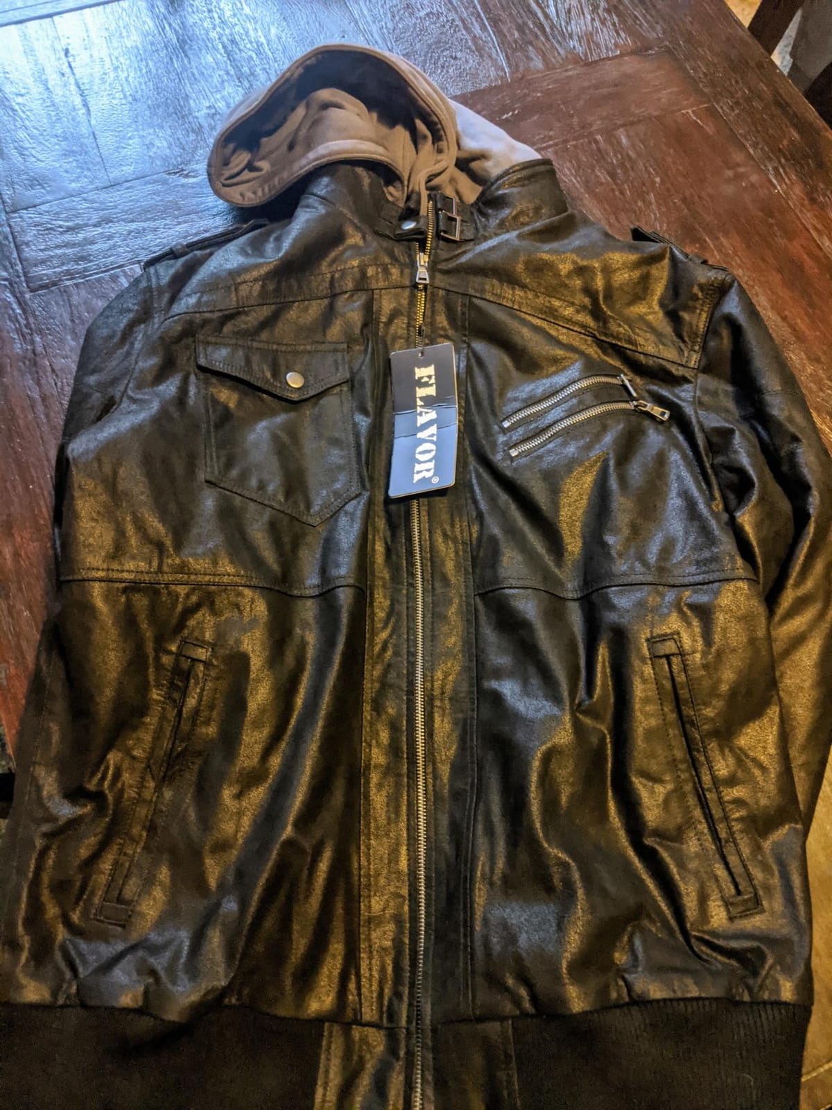 FLAVOR Men Brown Leather Motorcycle Jacket with Removable Hood customer photo 1