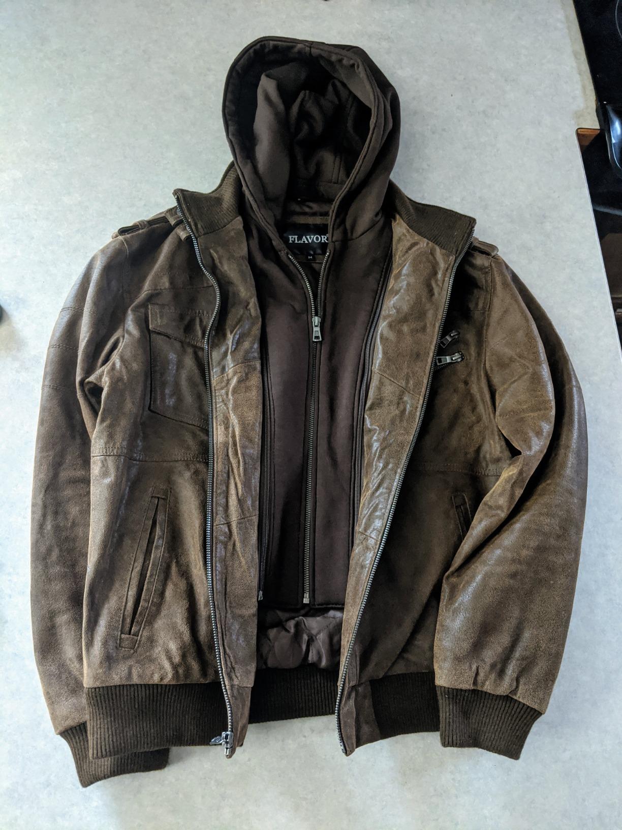 FLAVOR Men Brown Leather Motorcycle Jacket with Removable Hood customer photo 2