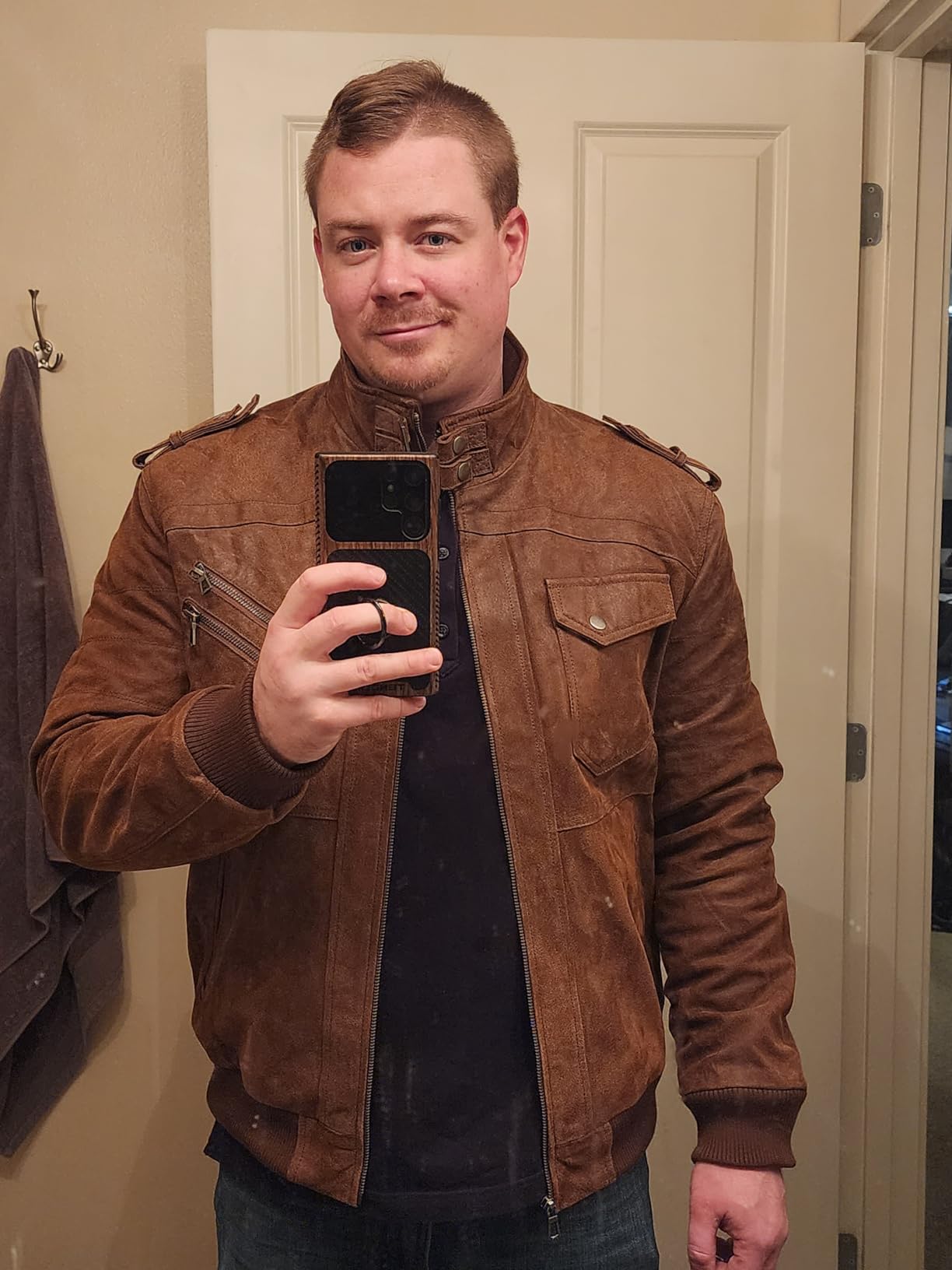 FLAVOR Men Brown Leather Motorcycle Jacket with Removable Hood | Genuine Leather, Removable Hood, Windproof, Multi Pockets, Fall Winter Coats, Riding and Daily Wear, Moto Biker Jacket Men customer photo 1