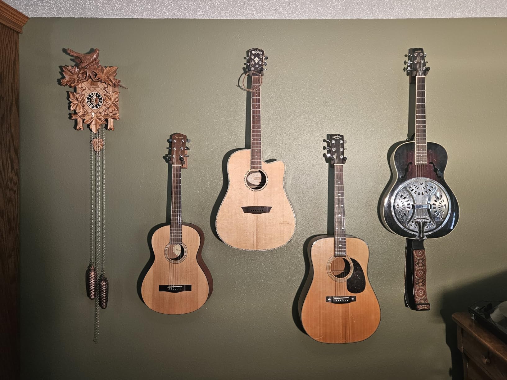 String Swing Guitar Wall Mount 3 Pack, Hangers, Holder Hook for Wall, Fits All Size Acoustic, Electric, Bass - Black Walnut Hardwood, Made in USA customer photo 2
