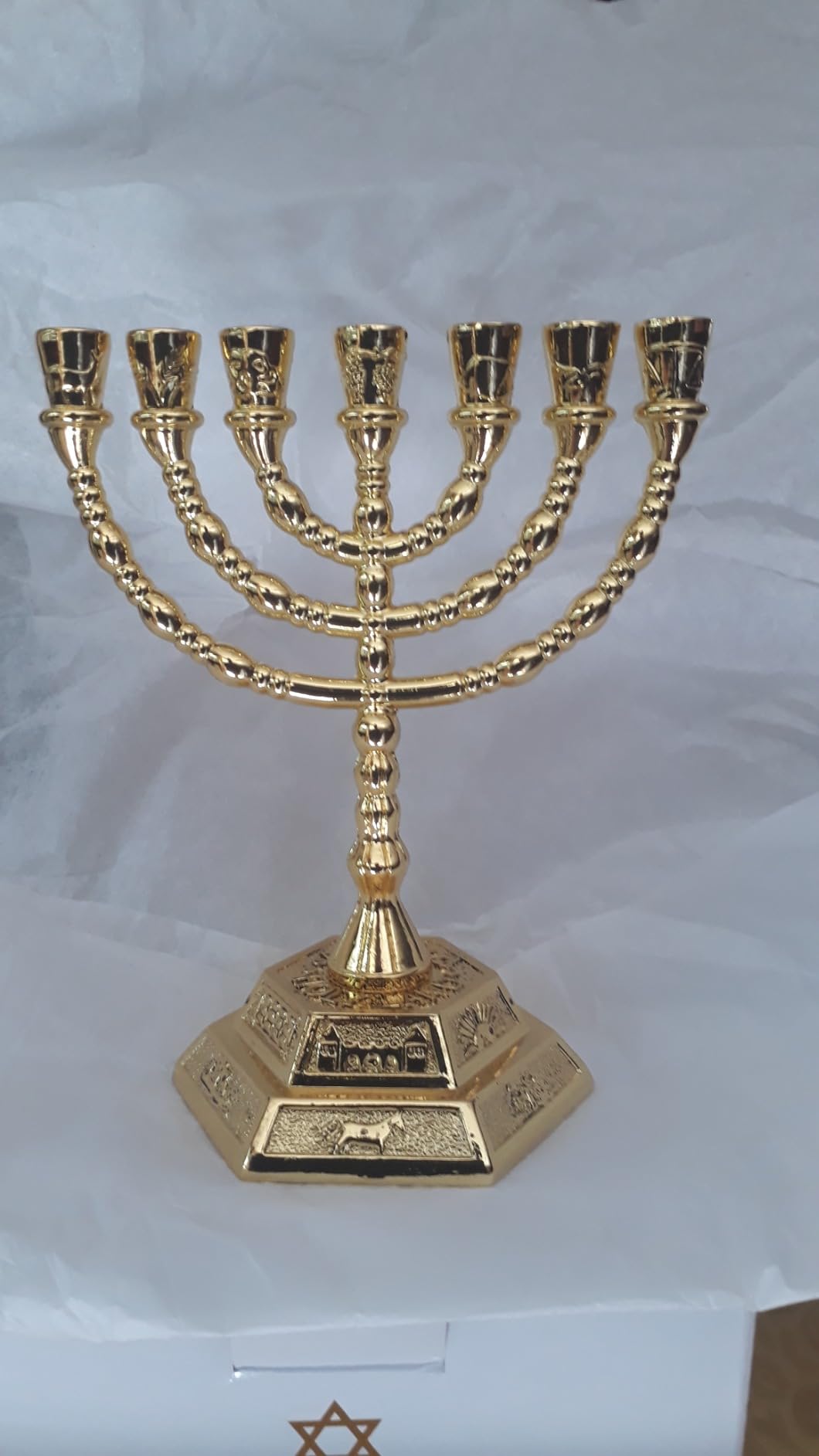 12 Tribes of Israel Menorah, Jerusalem Temple 7 Branch Jewish Candle Holder (5 Inches, Gold) customer photo 2