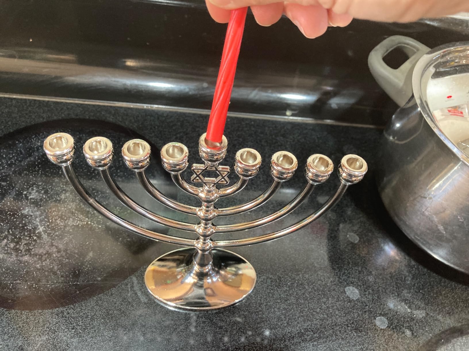 The Dreidel Company Hanukkah Menorah with Traditional Star Polished Aluminum Finish, Full Size 7 Inches Tall customer photo 1