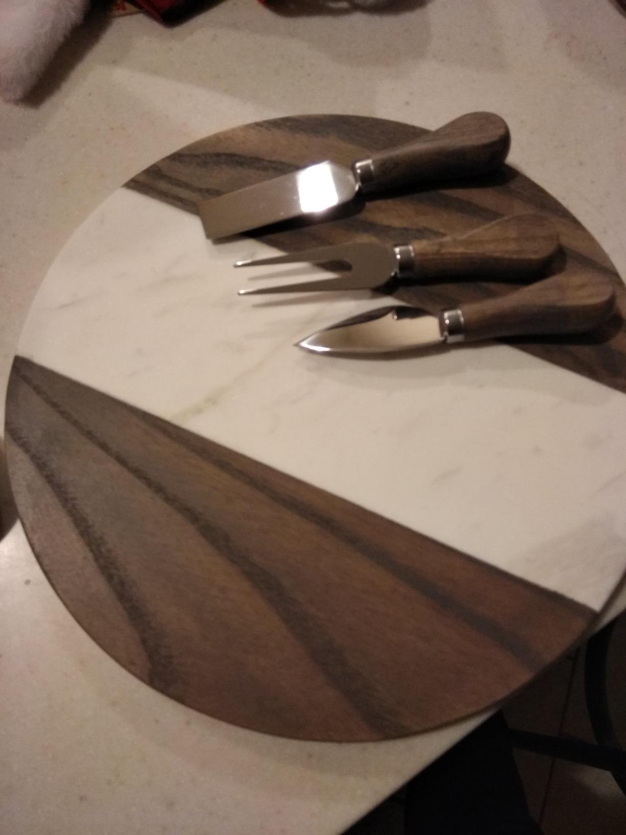 Prologue Handcrafted Marble Appetizer Board with 3 Wood-Handled Cheese Knives, Brown/White customer photo 1