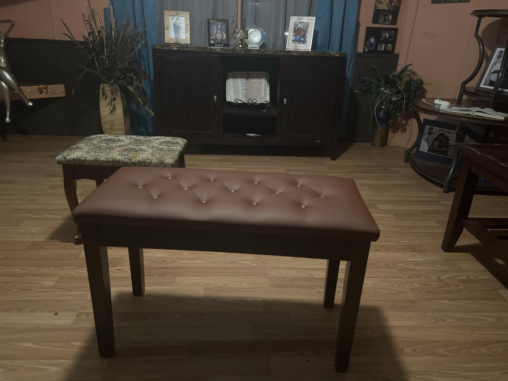 Bonnlo Wooden Duet Piano Bench with Storage, Hinged Lid, Brown | Solid Wood Piano Bench With Hinged Storage Compartment, Thick Faux Leather Cushion For Piano And Keyboard Practice customer photo 2