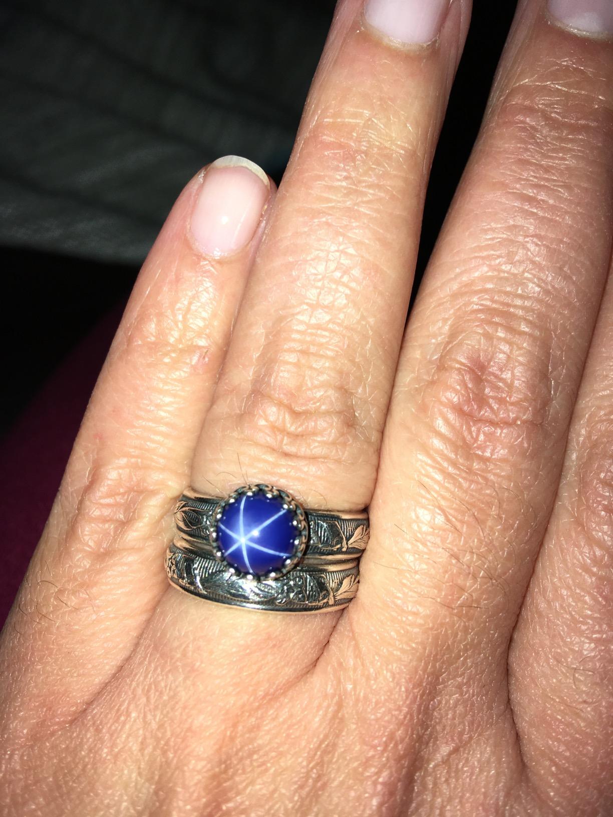 8mm Blue Star Sapphire Sterling Silver Crown Blooming Flower Band Ring customer photo 2