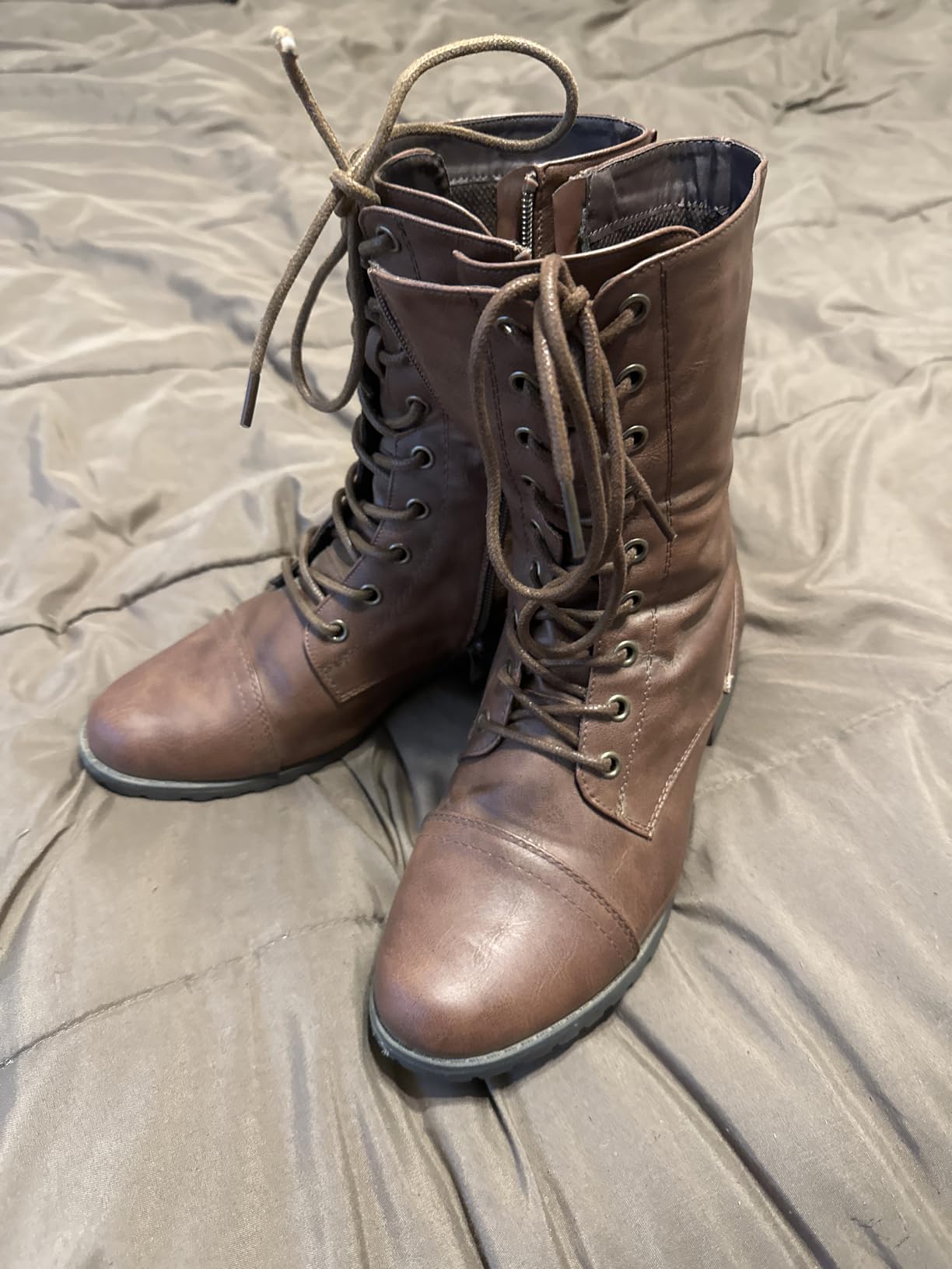 Forever Link Womens Round Toe Military Lace Up Knit Ankle Cuff Low Heel Combat Boots customer photo 2