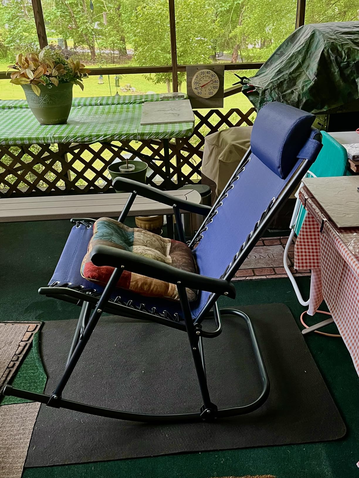 Amazon Basics Outdoor Portable Folding Rocking Chair with Headrest, Ergonomic Design, Weather-resistant Textilene Fabric for Porch, Blue customer photo 1