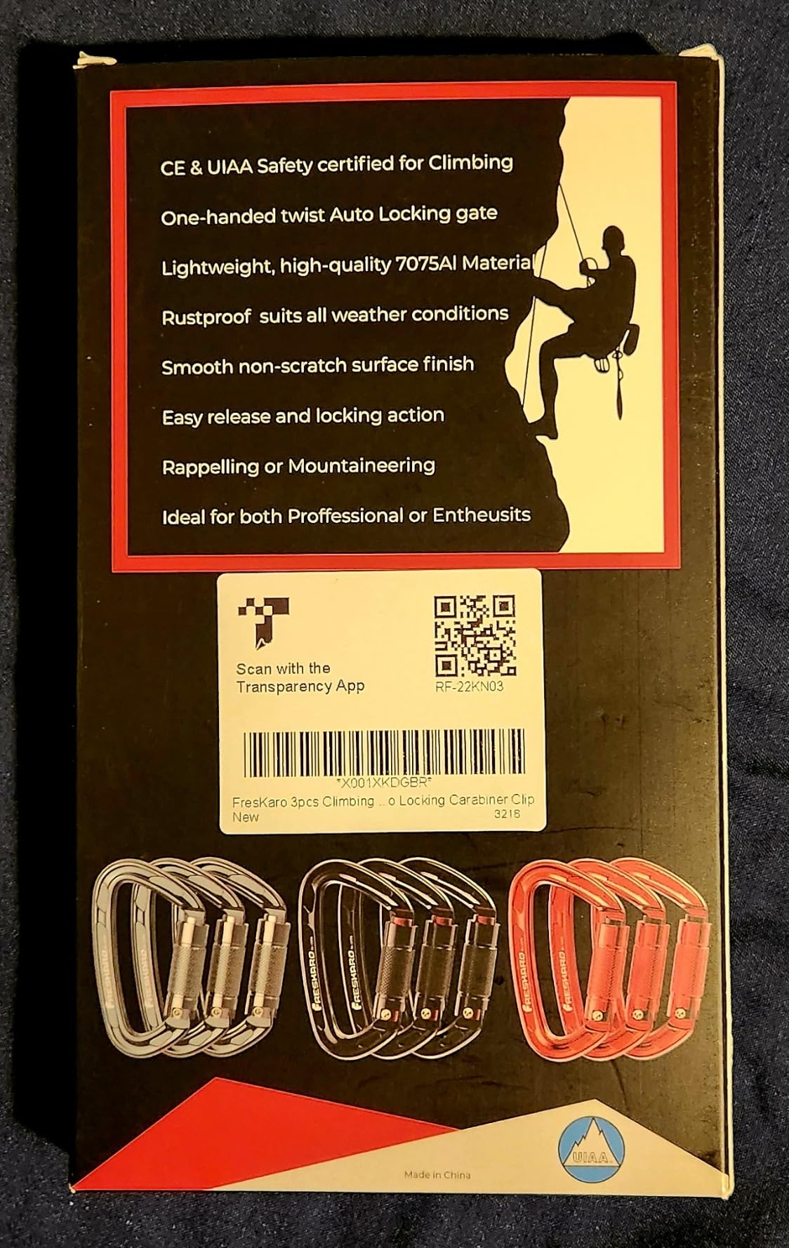 FresKaro UIAA Certified 25KN Auto Locking Climbing Carabiner Clips, Twist Lock, and Heavy Duty Carabiners for Rock Climbing, Rappelling, and Mountaineering, D Shaped customer photo 2