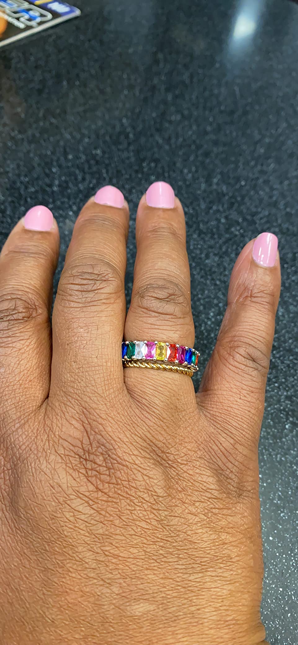Barzel Eternity Rainbow Ring Wedding Band for Women | 18K Gold Plated Emerald-Cut Rainbow Multi Color Created-Gemstone Eternity Ring customer photo 1