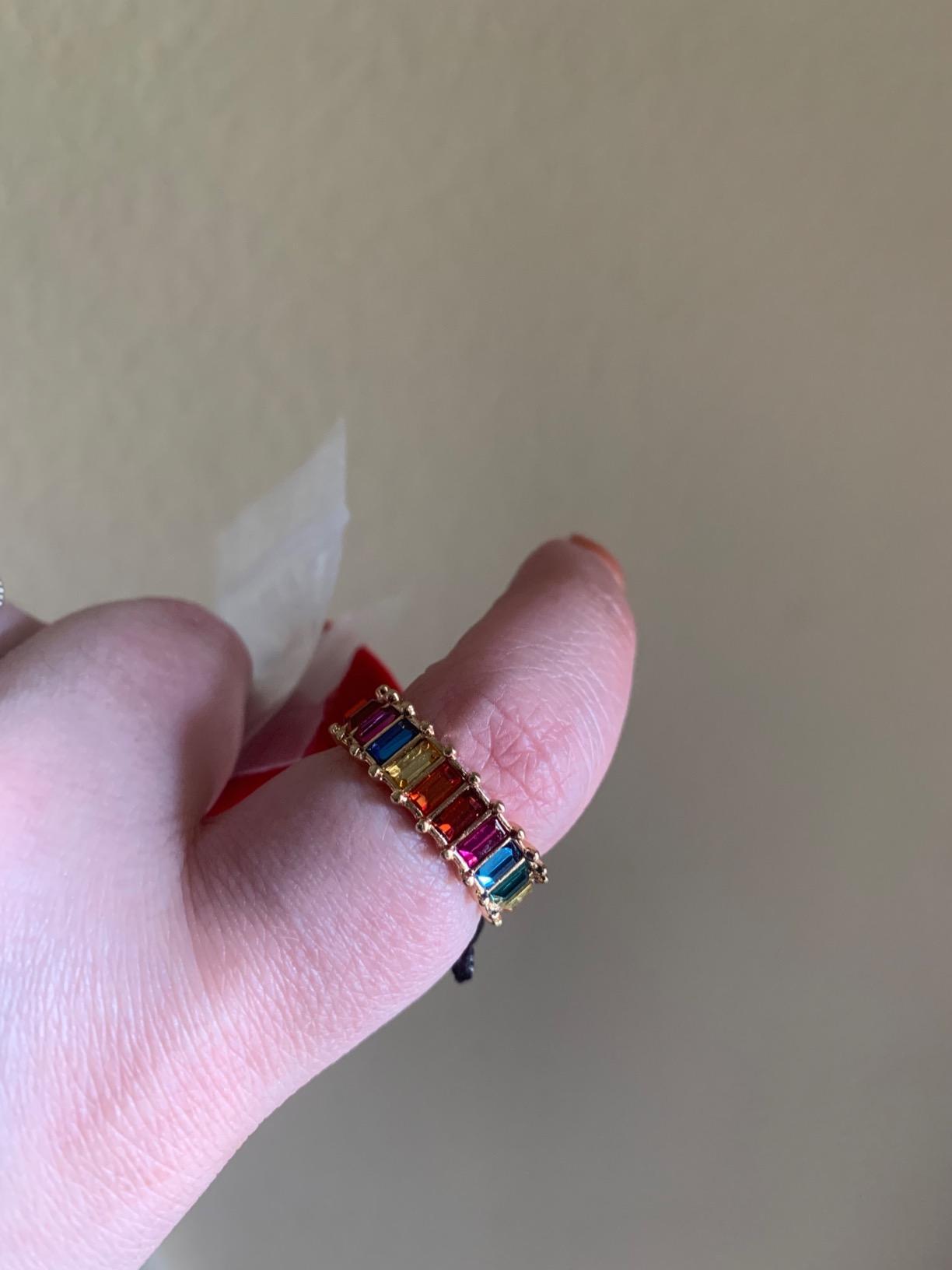 Barzel Eternity Rainbow Ring Wedding Band for Women | 18K Gold Plated Emerald-Cut Rainbow Multi Color Created-Gemstone Eternity Ring customer photo 2