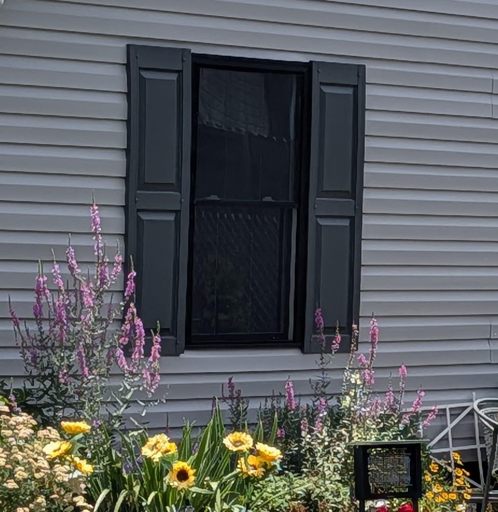 Builders Edge 14.75 in. W x 59 in. H Builders Edge, Standard Two Equal Panels, Raised Panel Shutters, Includes Matching Installation Spikes (Per Pair), 002 - Black customer photo 1