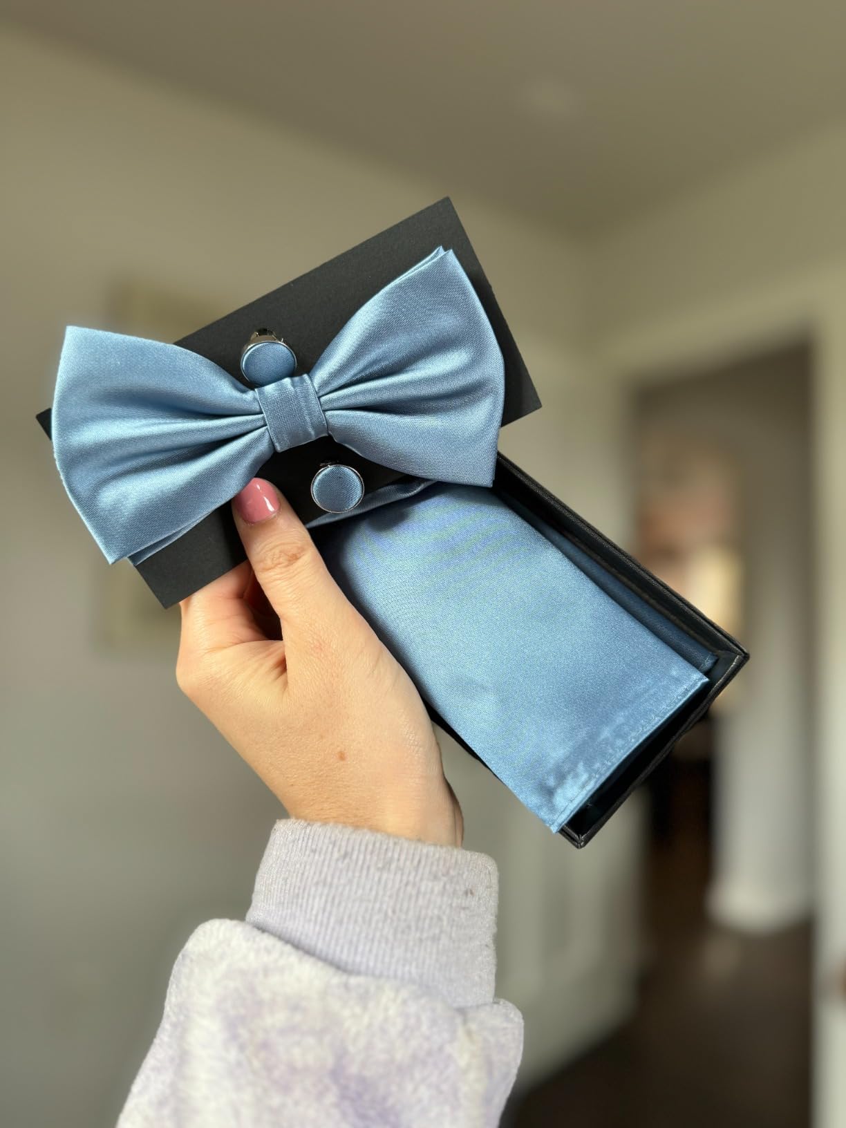 GUSLESON Mens Solid Color Double Fold Pre-tied Bow Tie and Pocket Square Cufflink Set with Gift Box customer photo 1