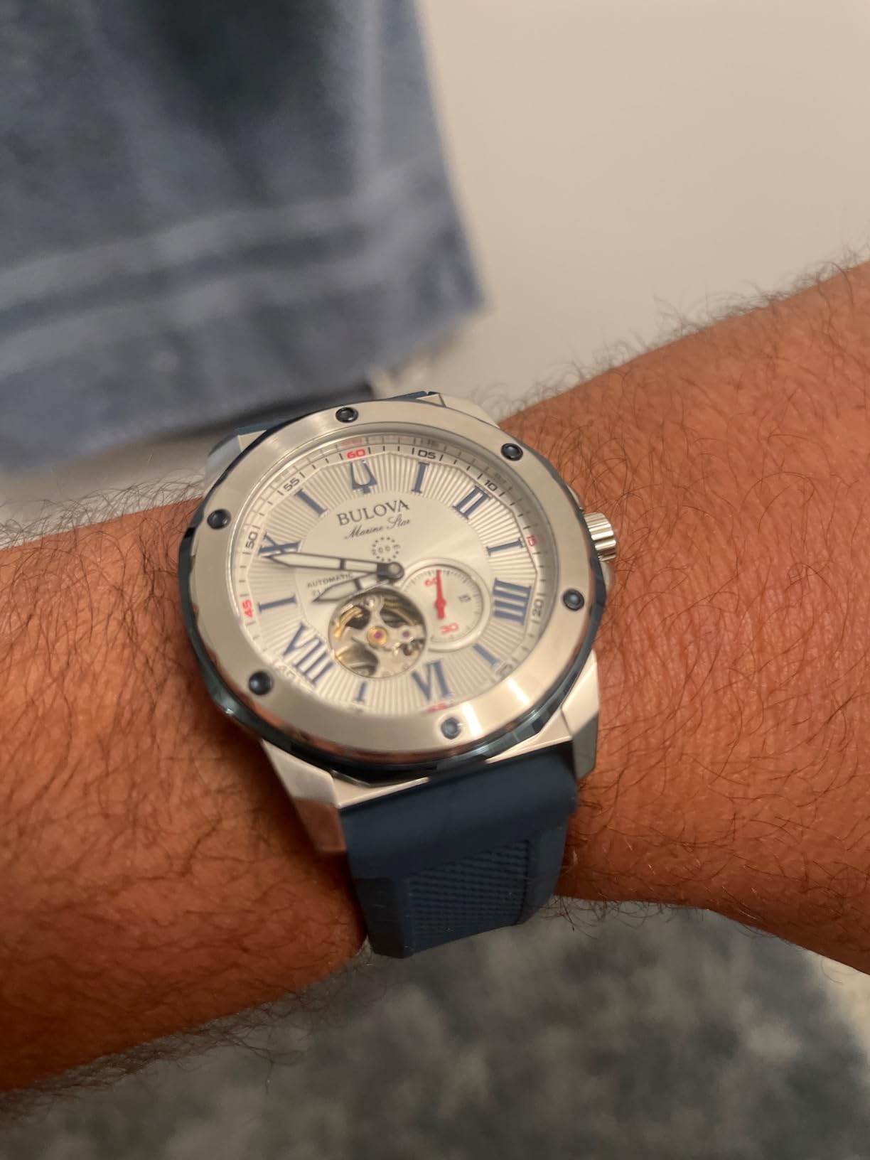 Bulova Men's Marine Star 'Series A' Automatic Stainless Steel Case with Blue Textured Silicone Strap, Open Aperture, Silver White Dial Model: 98A225 customer photo 1