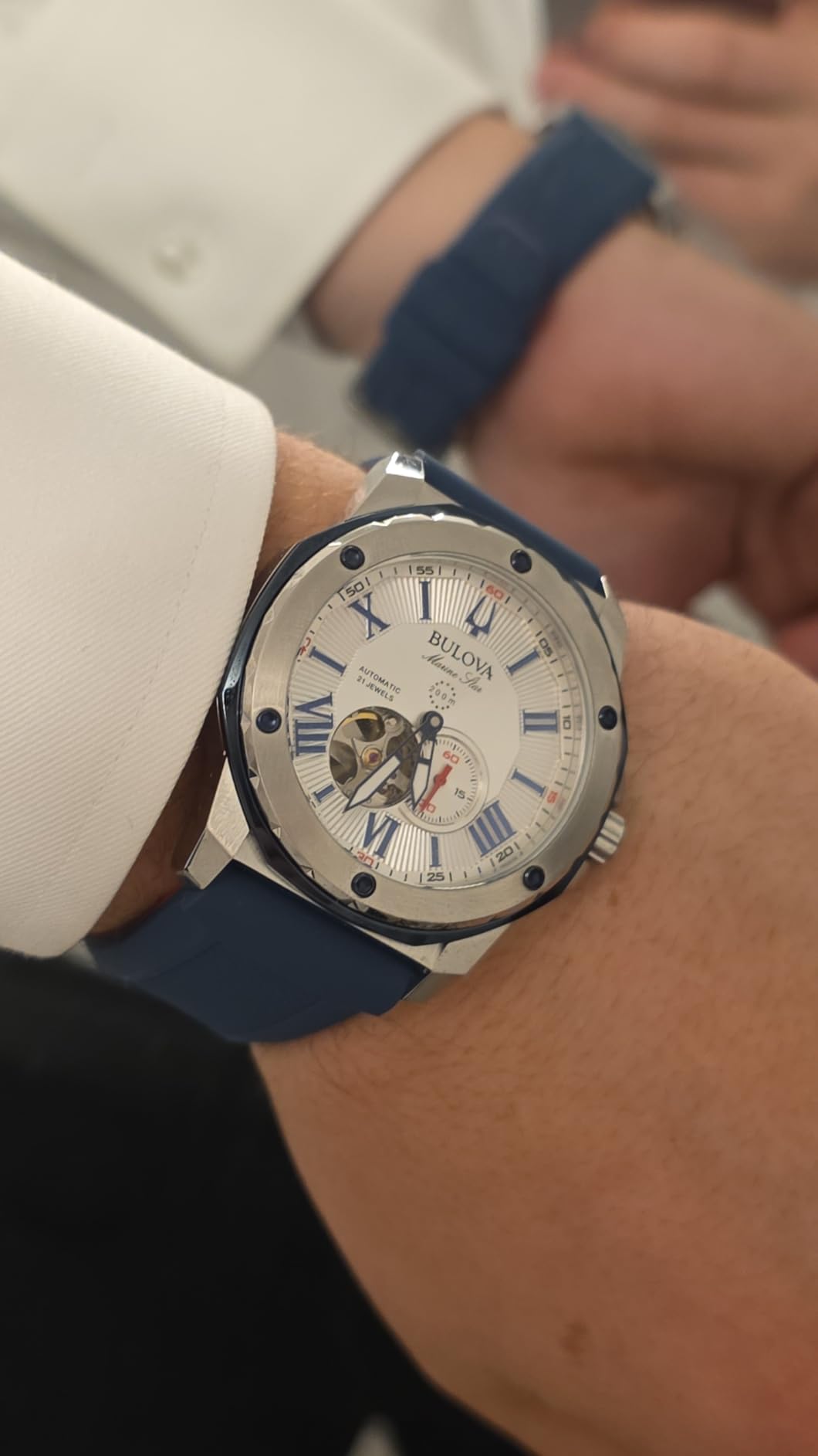 Bulova Men's Marine Star 'Series A' Automatic Stainless Steel Case with Blue Textured Silicone Strap, Open Aperture, Silver White Dial Model: 98A225 customer photo 2