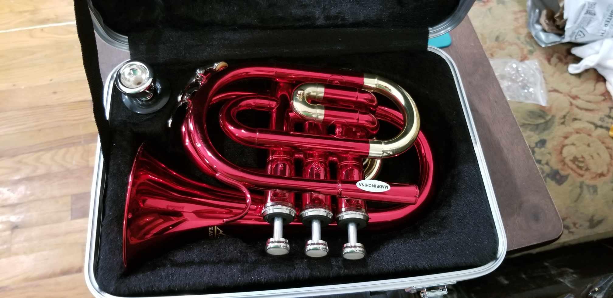 EastRock Pocket Trumpet Brass Bb Nickel Plated Trumpet with 7 C Mouthpiece, Hard Case, Strap, White Gloves, Cleaning Kit for Students and Beginners customer photo 2