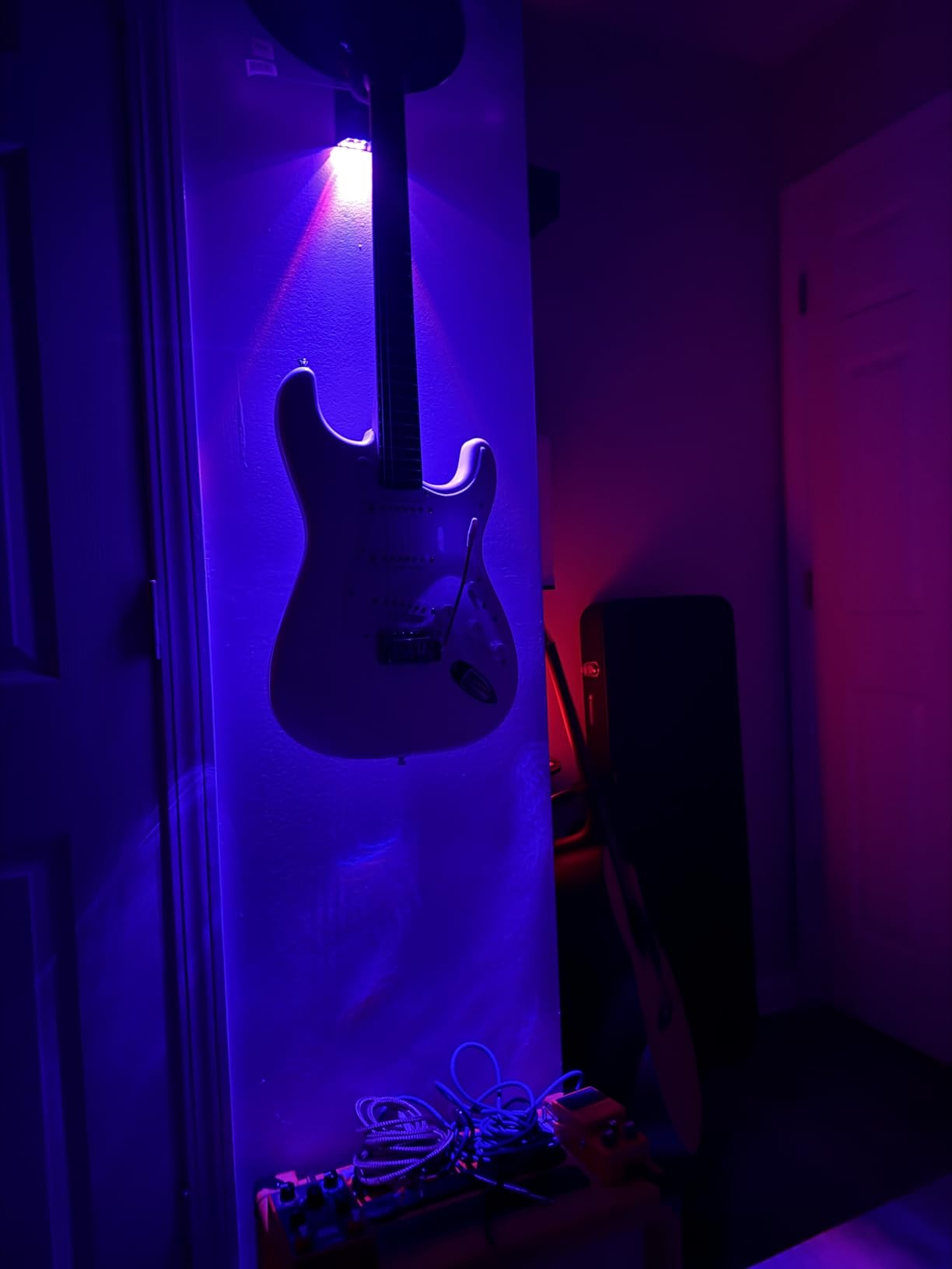 MuzicLight LED Guitar Wall Mount Hanger, 5 Color Lighted Guitar Display for Bedroom, Practice Room & Home Studio, Secure Guitar Wall Holder with Foam Cradle, Hidden Hardware, Holds 35 lbs customer photo 1