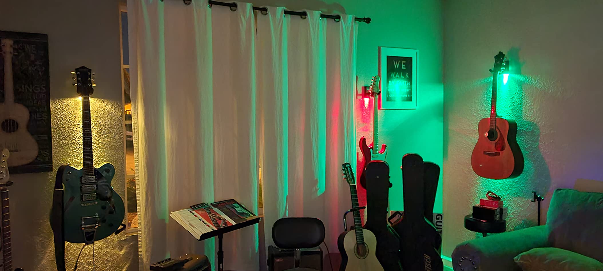 MuzicLight LED Guitar Wall Mount Hanger, 5 Color Lighted Guitar Display for Bedroom, Practice Room & Home Studio, Secure Guitar Wall Holder with Foam Cradle, Hidden Hardware, Holds 35 lbs customer photo 2
