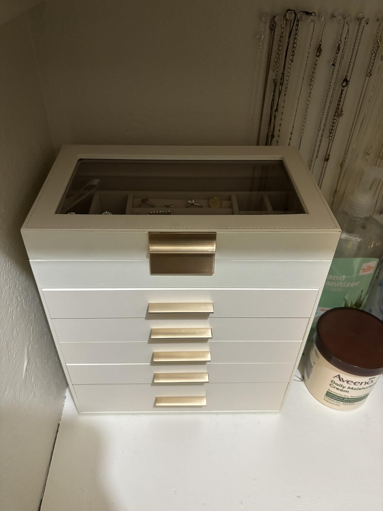 SONGMICS Jewelry Box Organizer, 3-Layer Storage with 2 Drawers, Glass Lid | Jewelry Organizer for Earrings, Modern Style, 8 x 9.1 x 5.3 Inches, Cloud White and Gold, GISELLA Collection UJBC239WT customer photo 1