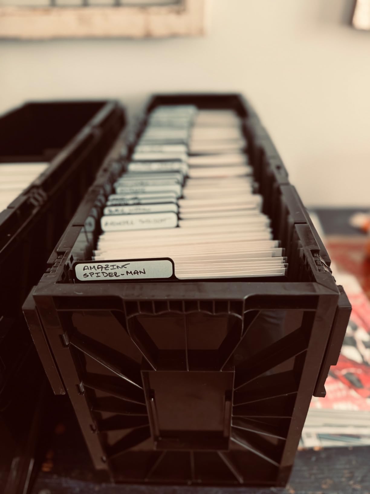 BCW Long Comic Book Bins, Holds 300 Comics Each, Stackable, Black, 1 Pack | Acid-free plastic bins stack six high and include partitions and label slots for organized storage of up to 300 comics each. customer photo 2