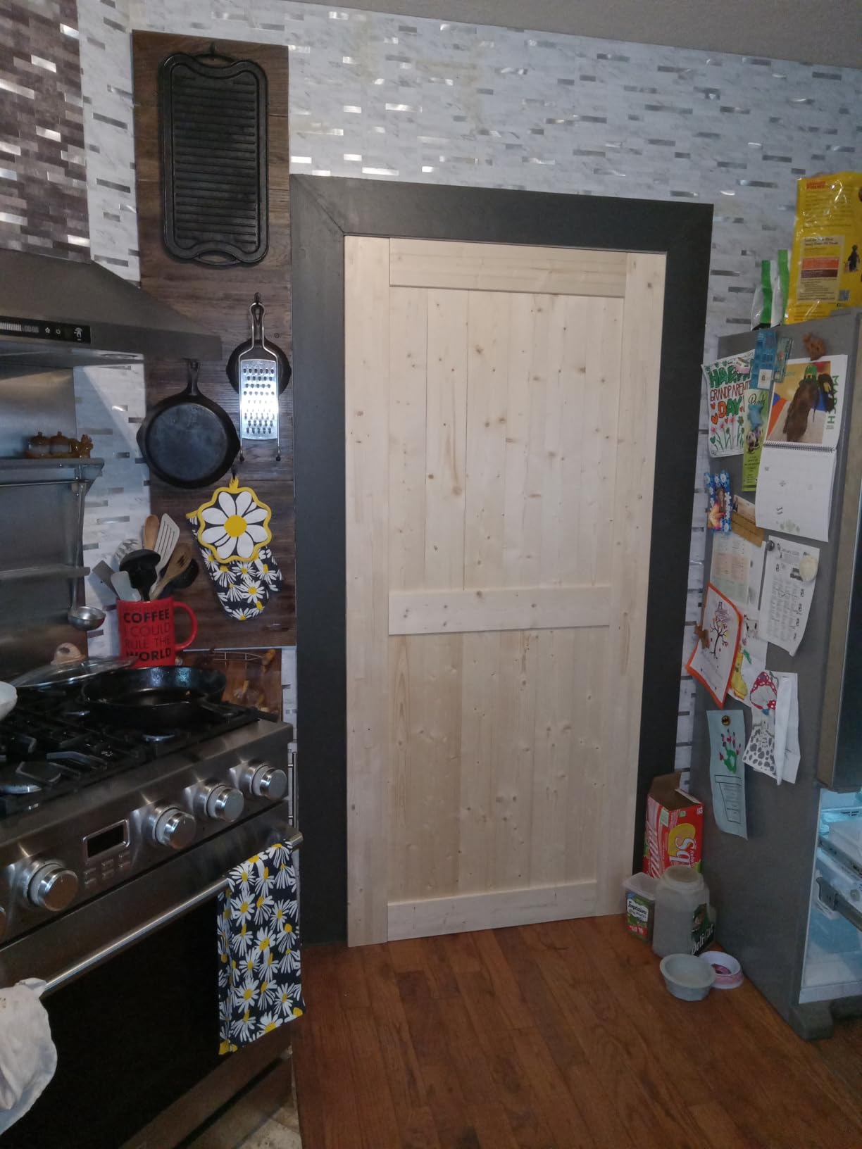 SmartStandard 36in x 80in Sliding Barn Wood Door, Natural, Fit 6-6.6FT Rail | Pre-Drilled Ready to Assemble, DIY Unfinished Solid Spruce Wood Panelled Slab, Interior Single Door Only, K-Frame customer photo 1