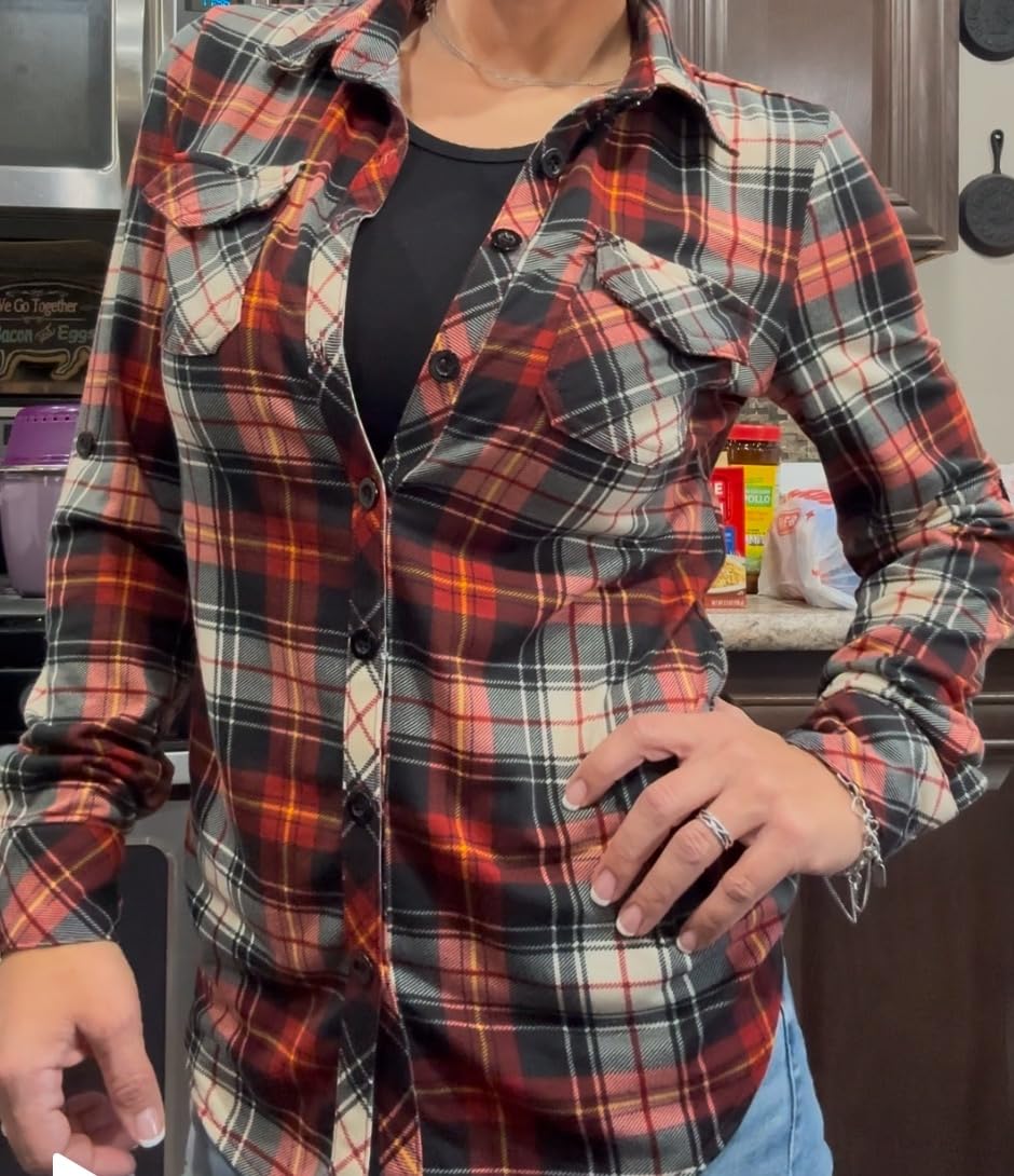 DJT Womens Soft Stretchy Knit Plaid Shirts Roll Up Long Sleeve Collared Button Down Blouses Tops customer photo 2