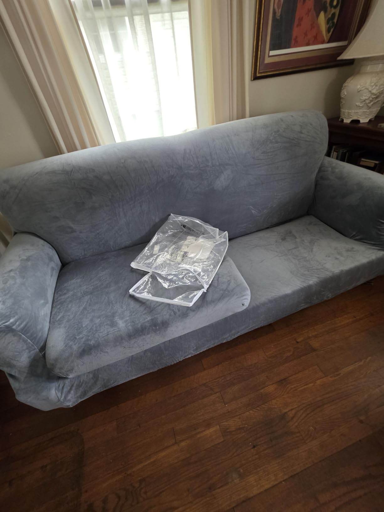 H.VERSAILTEX 4 Pieces Thick Velvet Sofa Covers Couch Covers for 3 Cushion Couch Sofa High Stretch Slipcovers Furniture Protector Form Fit Luxury Couch Cover for Dogs Width Up to 90 Inch (Sofa, Grey) customer photo 2