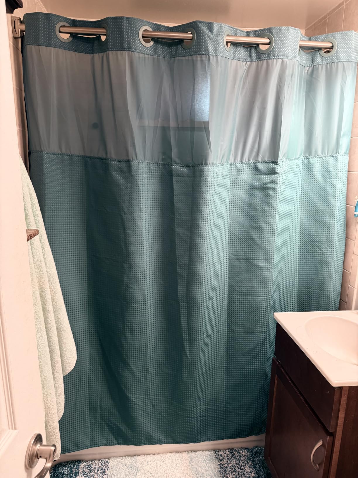RiverDream Heavyweight Waffle No Hook Shower Curtain with Liner, White, 71x74 | Snap-in Liner, Heavy Duty, Hotel Grade, Mesh Top Window, With Bottom Magnets, Washable, Dotted Waffle, Standard Size customer photo 1