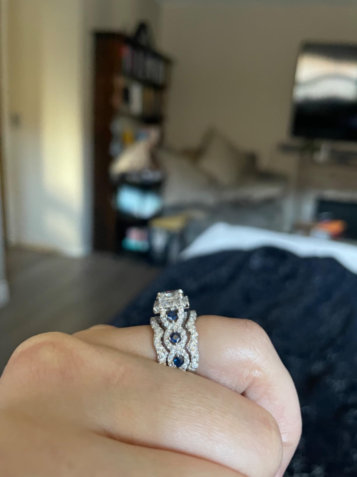 Newshe Jewellery Princess Moissanite Engagement Ring for Women Wedding Band Rings Blue Sapphire Bridal Sets Promise Size customer photo 1