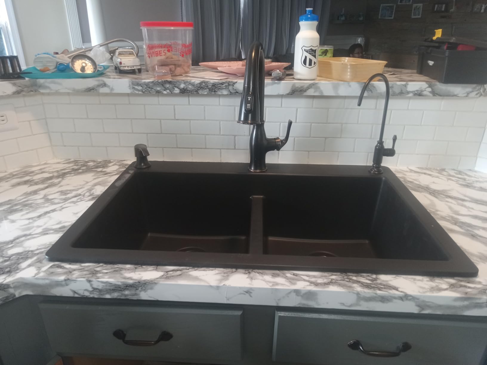 Karran 33 Inch White Quartz Composite Drop-In Double Bowl Kitchen Sink | Granite Composite Top Mount Design with 50/50 Bowls, 6-Inch Low Divider, 9-Inch Deep Basins and Sound Dampening customer photo 2