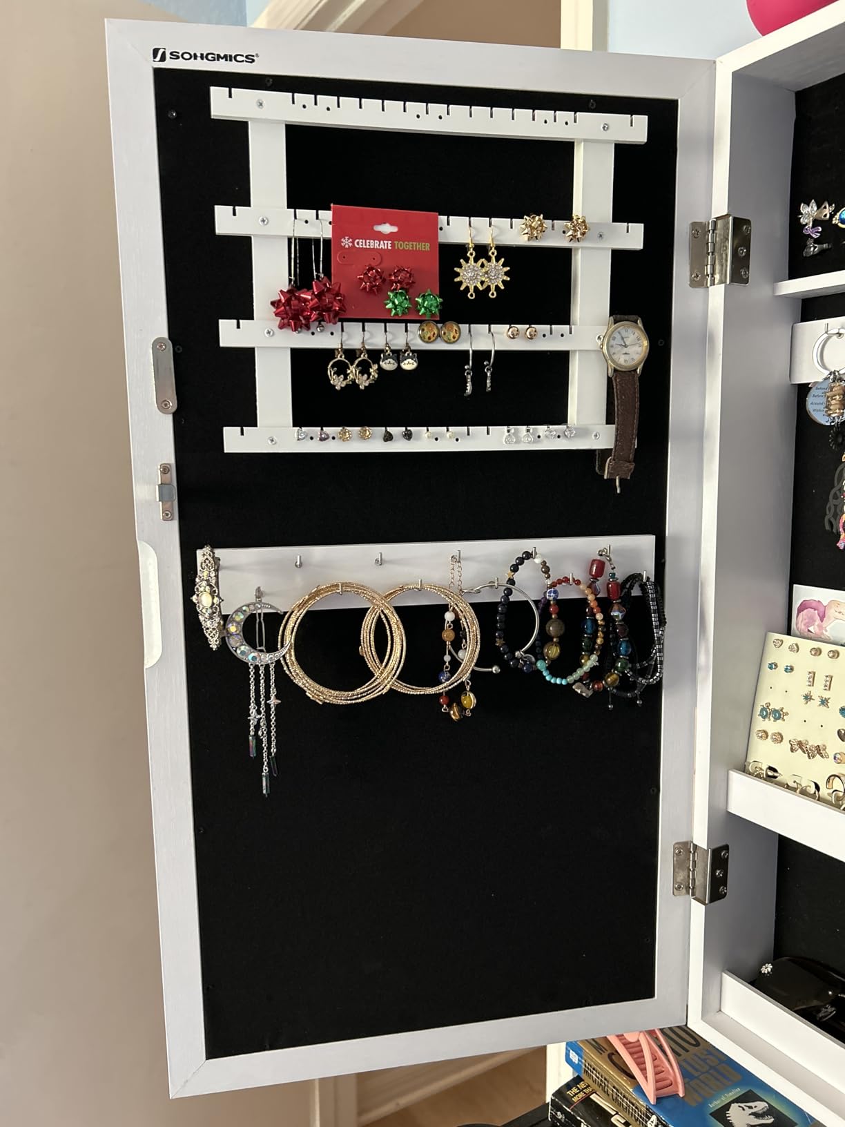 SONGMICS Lockable Jewelry Cabinet Armoire with Mirror, Wall-Mounted | Space Saving Storage Organizer, Rustic Brown and Ink Black, BERIT Collection UJJC051K01 customer photo 1