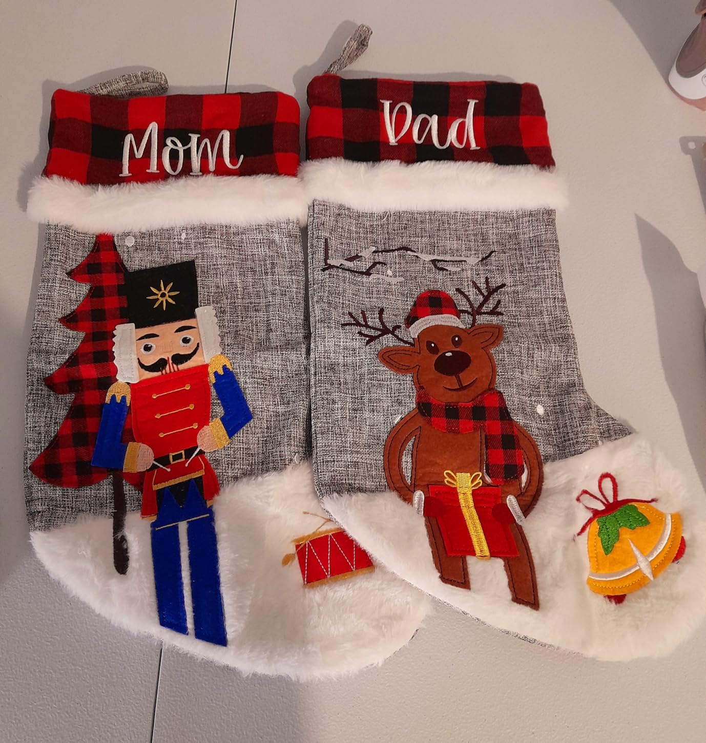Set of 6 Christmas Stockings Gray Burlap Buffalo Red Plaid Soft Faux Fur 20 Inches Lovely Embroidery Pattern for Family Decorations Hanging Ornament for Xmas Holiday Party customer photo 2