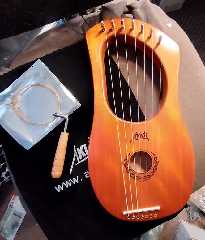 Lyre Harp, AKLOT 16 Metal Strings Mahogany Body Lyra Harp with Maple Saddle Carved Note Tuning Wrench Pickup Strings and Black Gig Bag customer photo 2