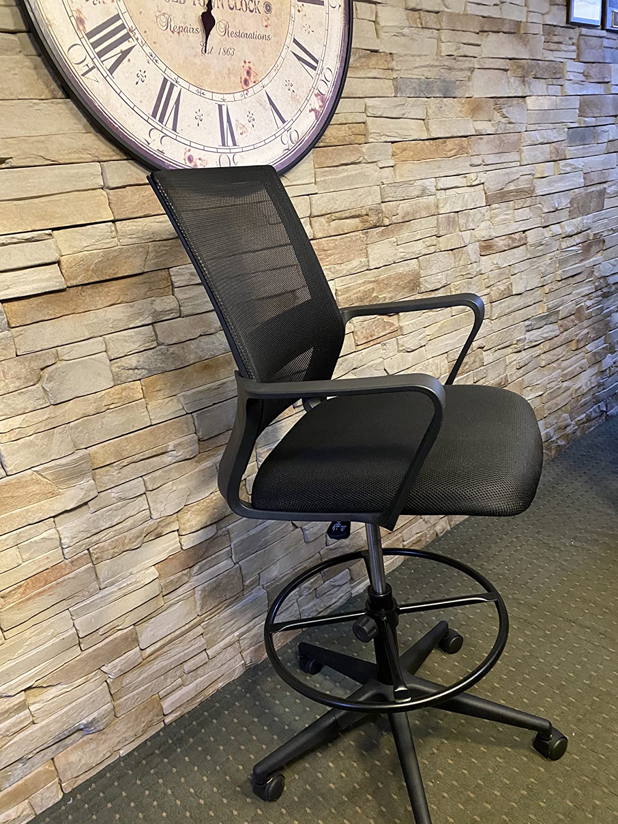 BestOffice Drafting Chair Tall Office Chair Adjustable Swivel Rolling Mesh Height with Lumbar Support Arms Footrest Mid Back for Adults Standing Desk Drafting Stool(Black) customer photo 1