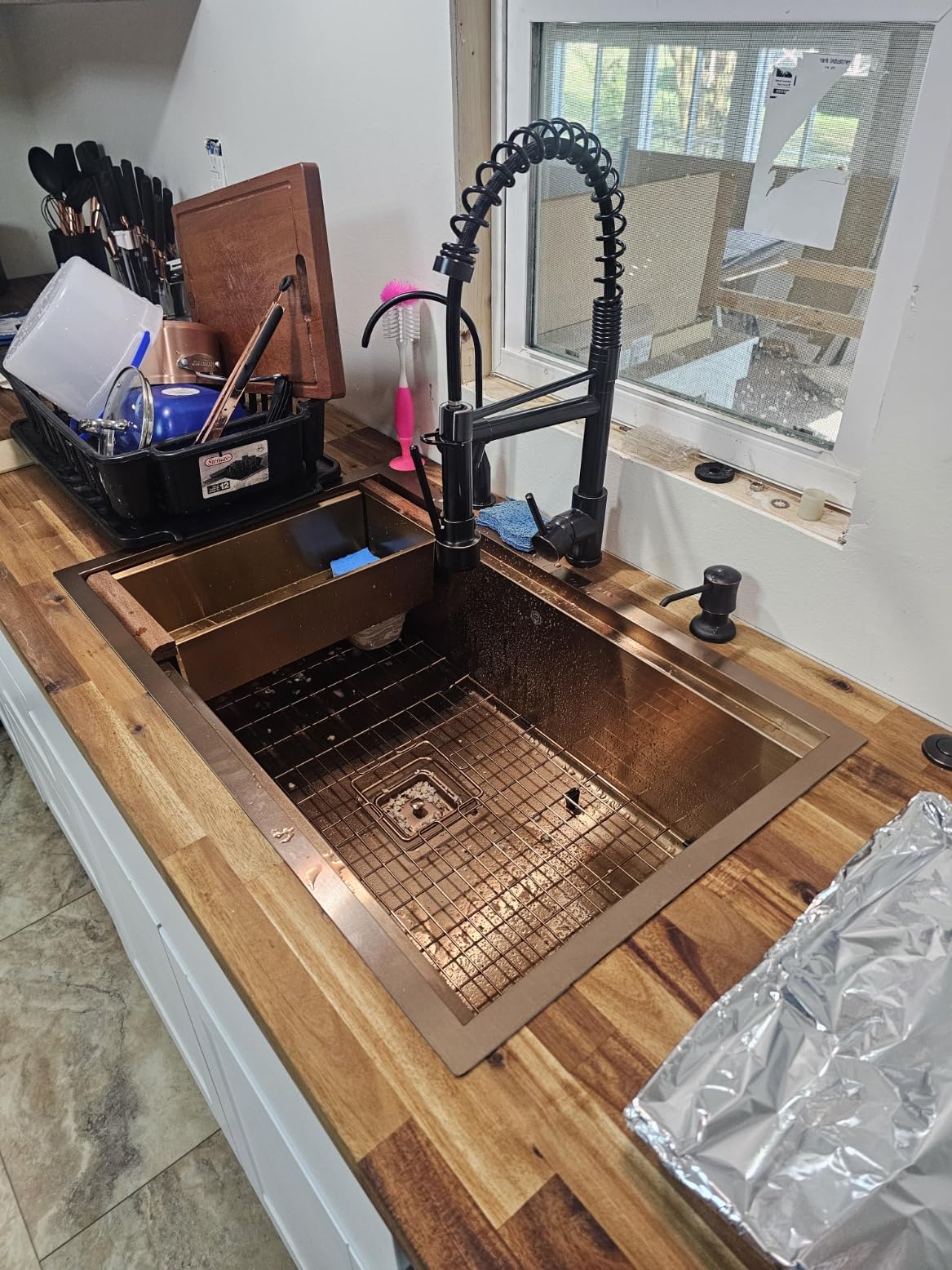 Strictly Sinks Undermount Workstation Copper Kitchen Sink 32 Inch 16 Gauge Single Bowl Kitchen Sink with Bottom Grid, Wooden Cutting Board, Colander customer photo 2