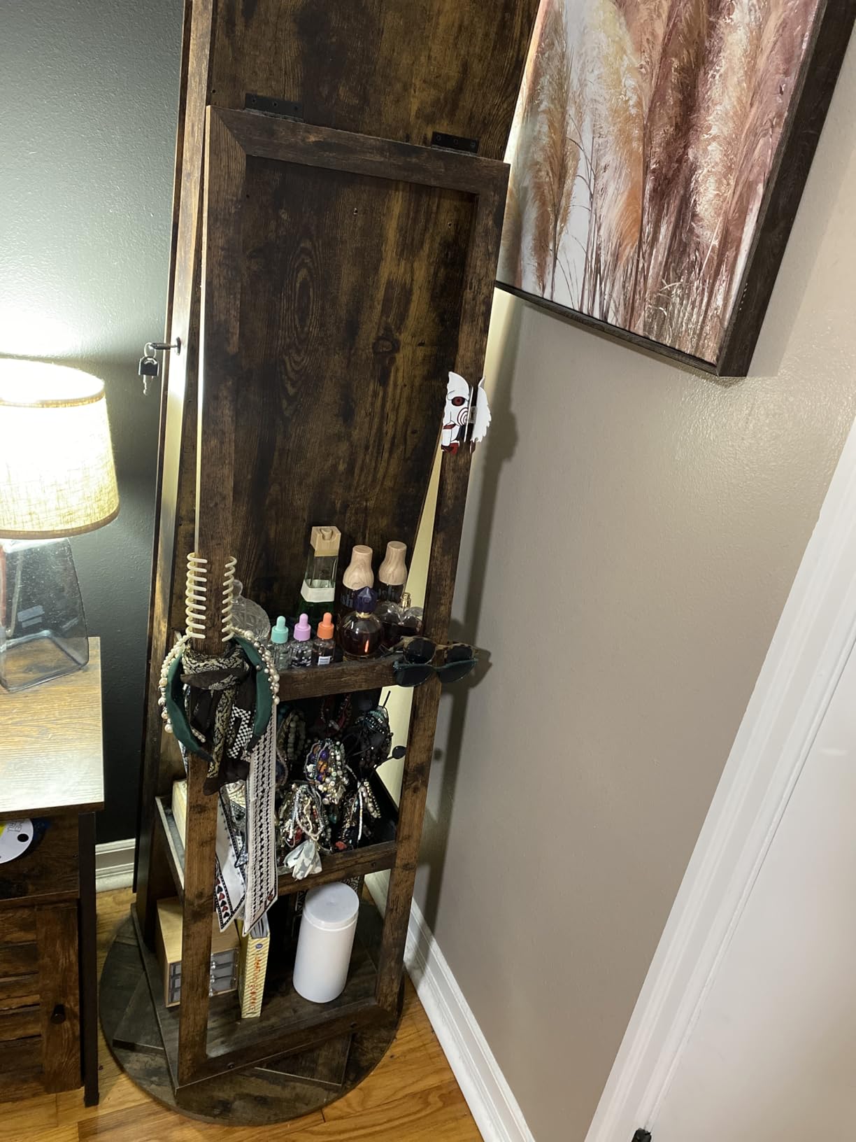 SONGMICS 360° Swivel Jewelry Cabinet, Full-Length Mirror, Lockable | Jewelry Armoire Organizer, Mirror with Storage, Rear Storage Shelves, Interior Mirror, Gift Idea, Rustic Brown UJJC006X01 customer photo 1